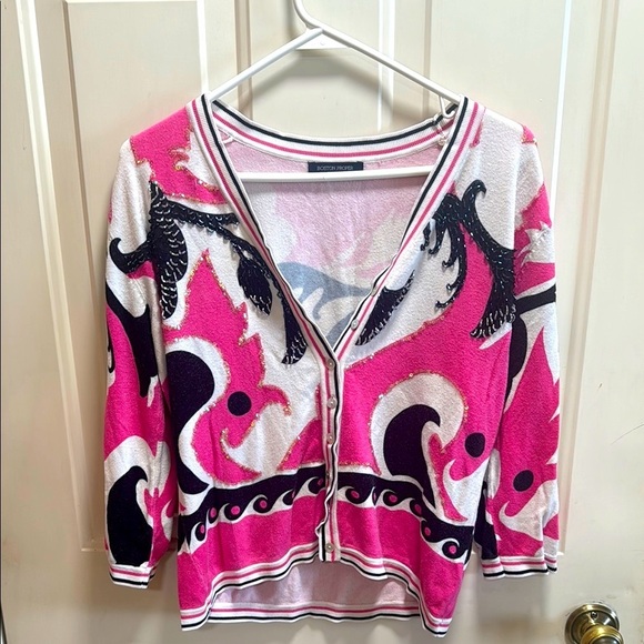 Boston Proper Pink and Black Patterned sequined cardigan size L / XL - Picture 1 of 7